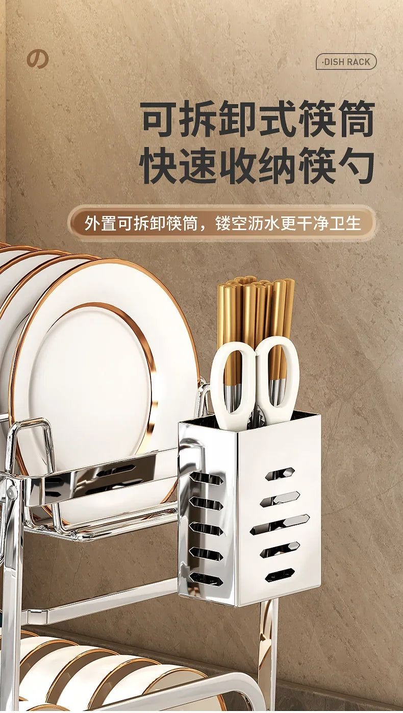 Kitchen Home Countertop Adjustable 2 Tier Stainless Steel Dish Drying Rack Plates Bowl Organizer Drainer Storage Rack Utensils
