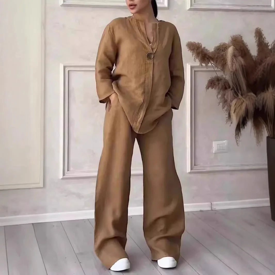 Comfortable Loose Cotton Linen Women's two pieces set Top Wide Leg Pants Casual  Fashion Set Suits Spring Summer Wear Outfits