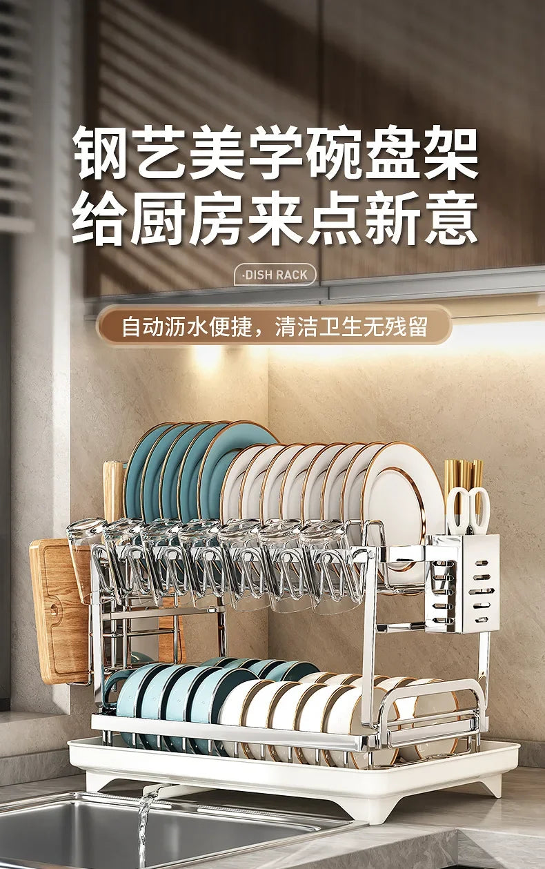 Kitchen Home Countertop Adjustable 2 Tier Stainless Steel Dish Drying Rack Plates Bowl Organizer Drainer Storage Rack Utensils