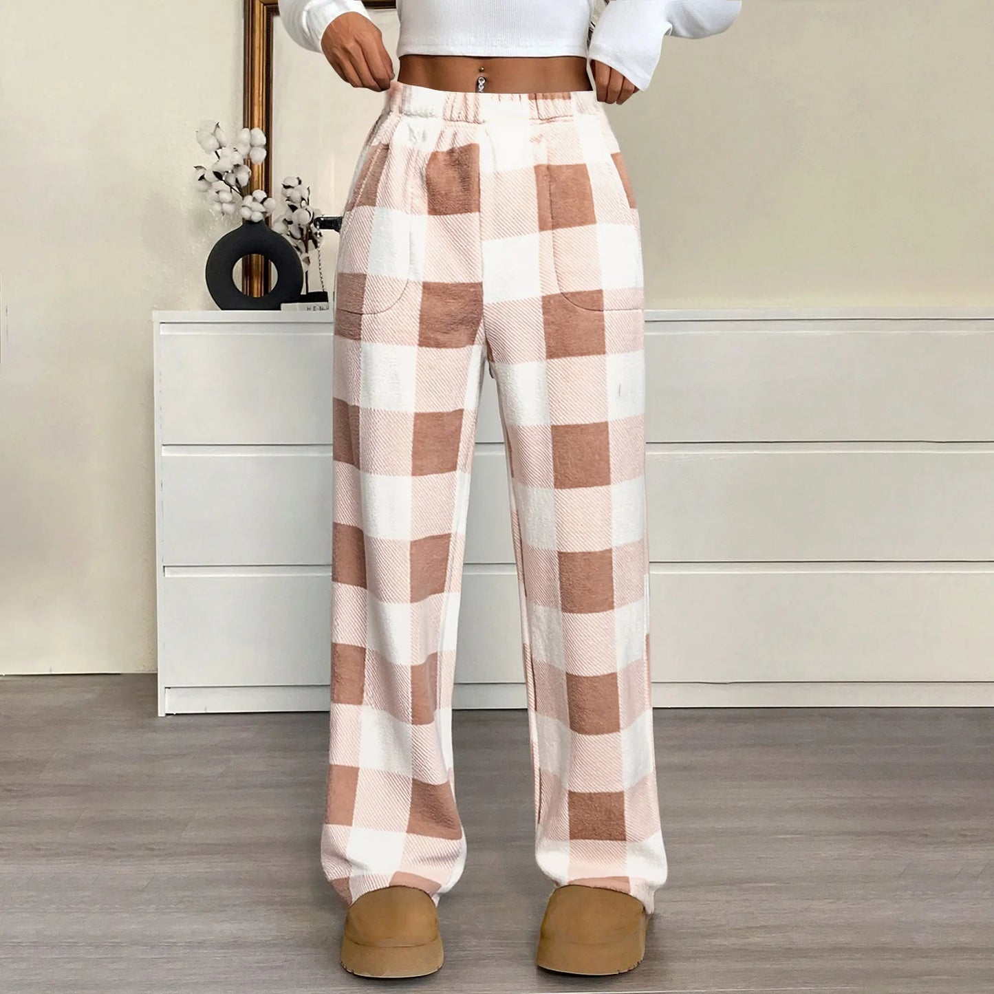 Elastic Waist Wide Leg Nightwear Trousers Fashion Plaid Long Pajama Pants Leisure Comfy Winter Warm Loungewear for Lady 2025
