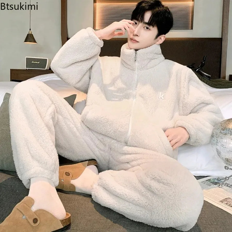 New Men's High Neck Large Size Loose Plush Loungewear Autumn and Winter Thick Warm Flannel Pajamas Can Worn Outside Coral Fleece