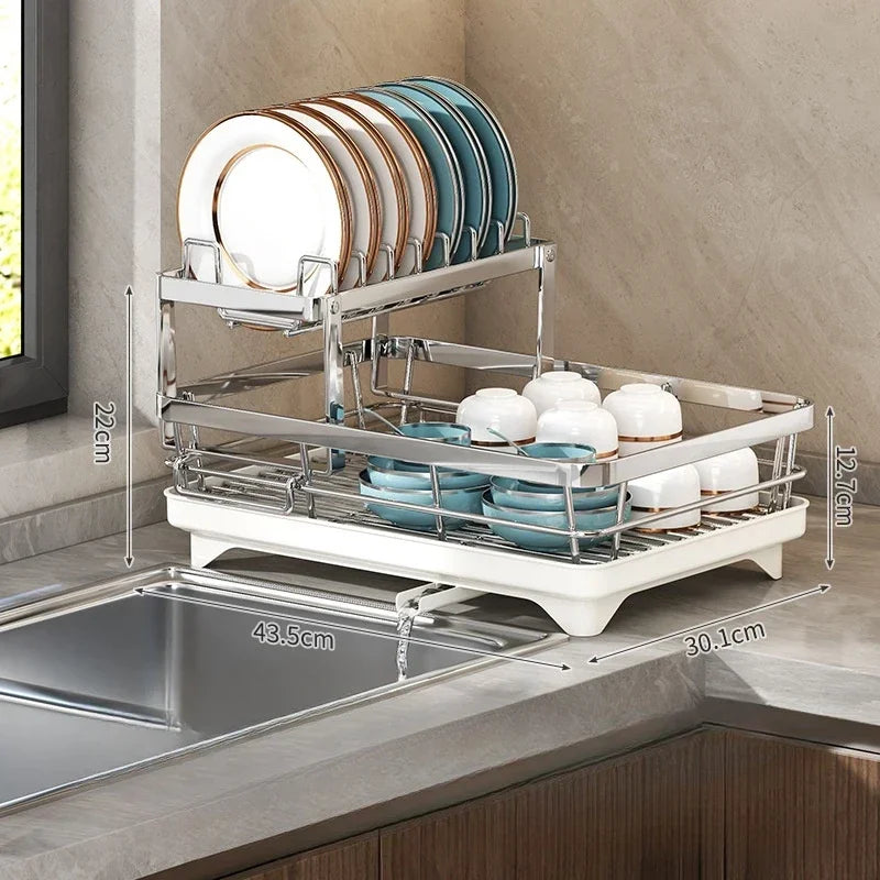 Kitchen Home Countertop Adjustable 2 Tier Stainless Steel Dish Drying Rack Plates Bowl Organizer Drainer Storage Rack Utensils