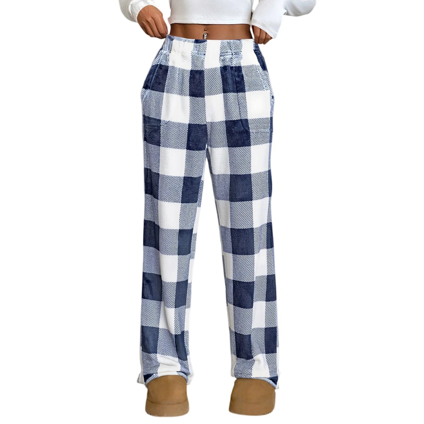 Elastic Waist Wide Leg Nightwear Trousers Fashion Plaid Long Pajama Pants Leisure Comfy Winter Warm Loungewear for Lady 2025