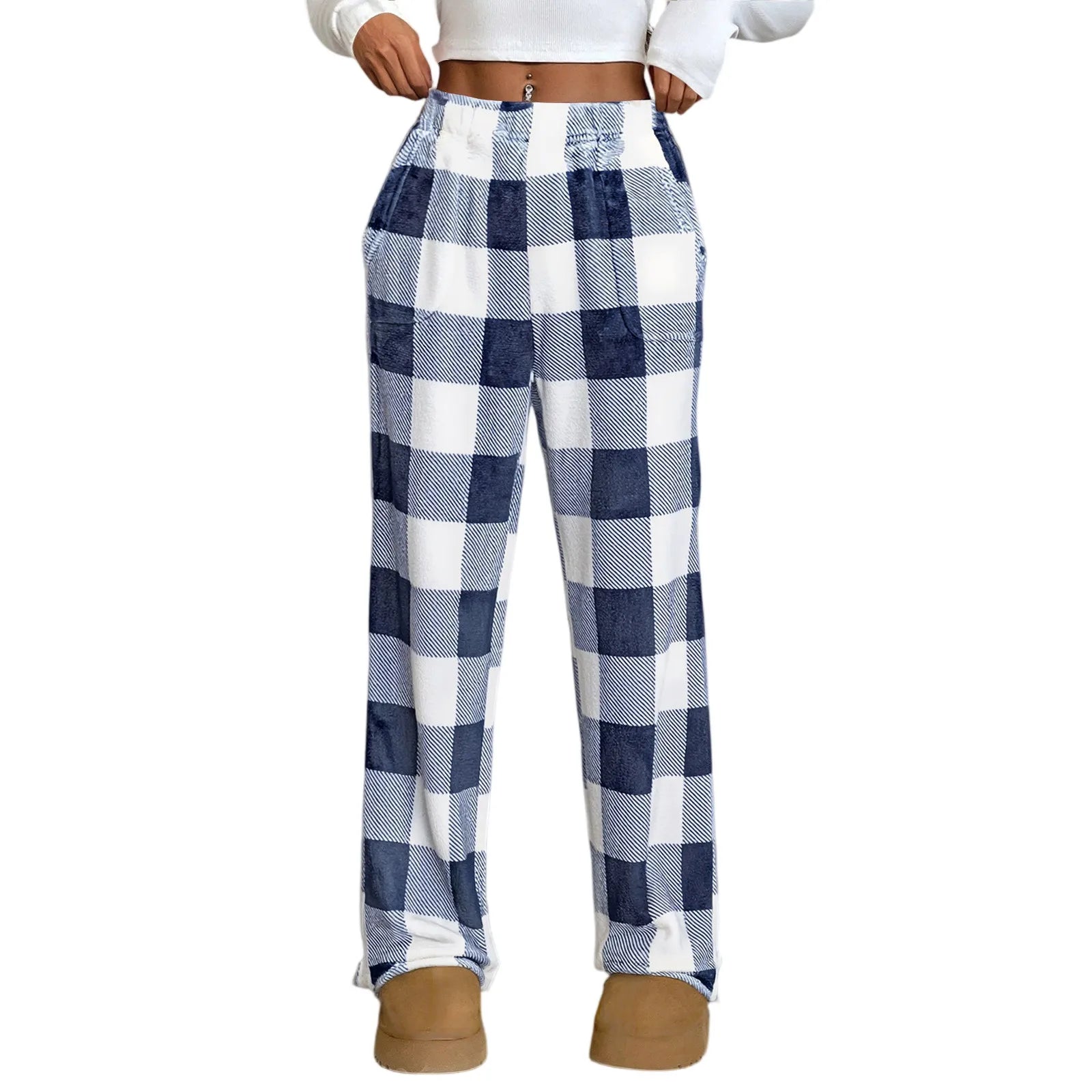 Elastic Waist Wide Leg Nightwear Trousers Fashion Plaid Long Pajama Pants Leisure Comfy Winter Warm Loungewear for Lady 2025