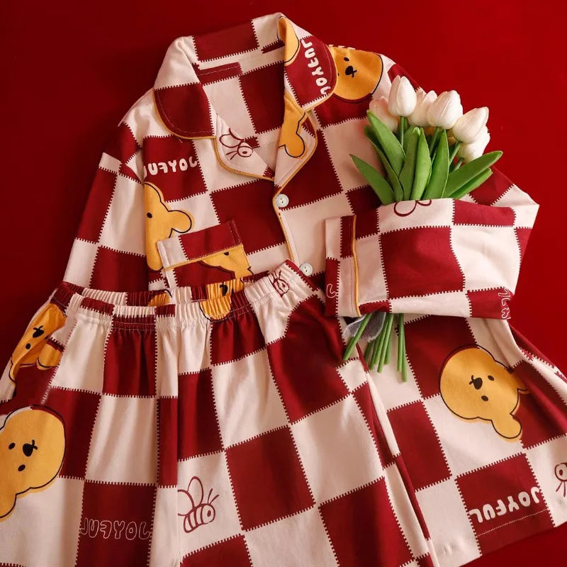 Red Cartoon Pajama Plaid Patchwork Lapel Winnie the Pooh Casual Home Suit Set Women Sets Women's Sleep Lounge Underwear