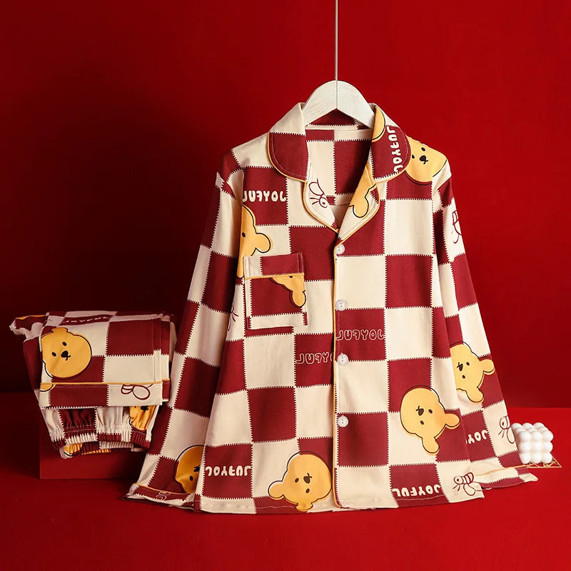 Red Cartoon Pajama Plaid Patchwork Lapel Winnie the Pooh Casual Home Suit Set Women Sets Women's Sleep Lounge Underwear