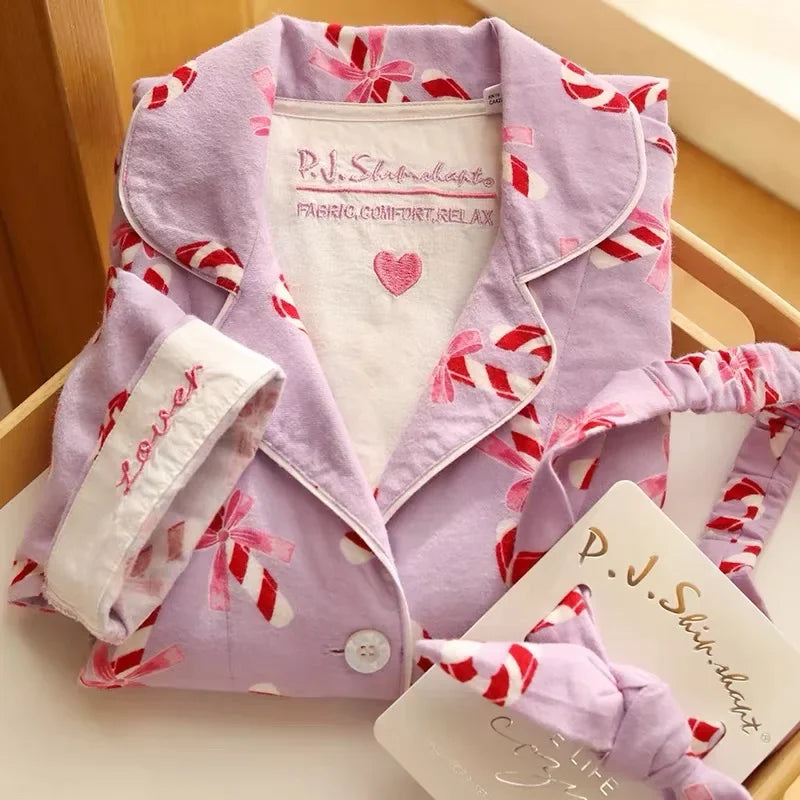 Cute Cartoon Sleepwear Long Sleeve Top Pant Soft Cotton Pajamas Suit 2Pcs Embroider Letter Homewear Lady Autumn Loungewear