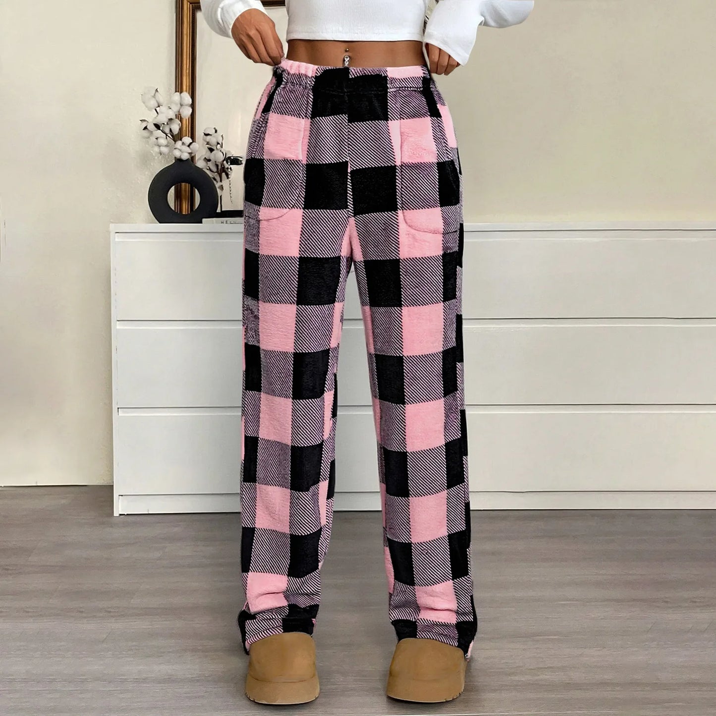 Elastic Waist Wide Leg Nightwear Trousers Fashion Plaid Long Pajama Pants Leisure Comfy Winter Warm Loungewear for Lady 2025
