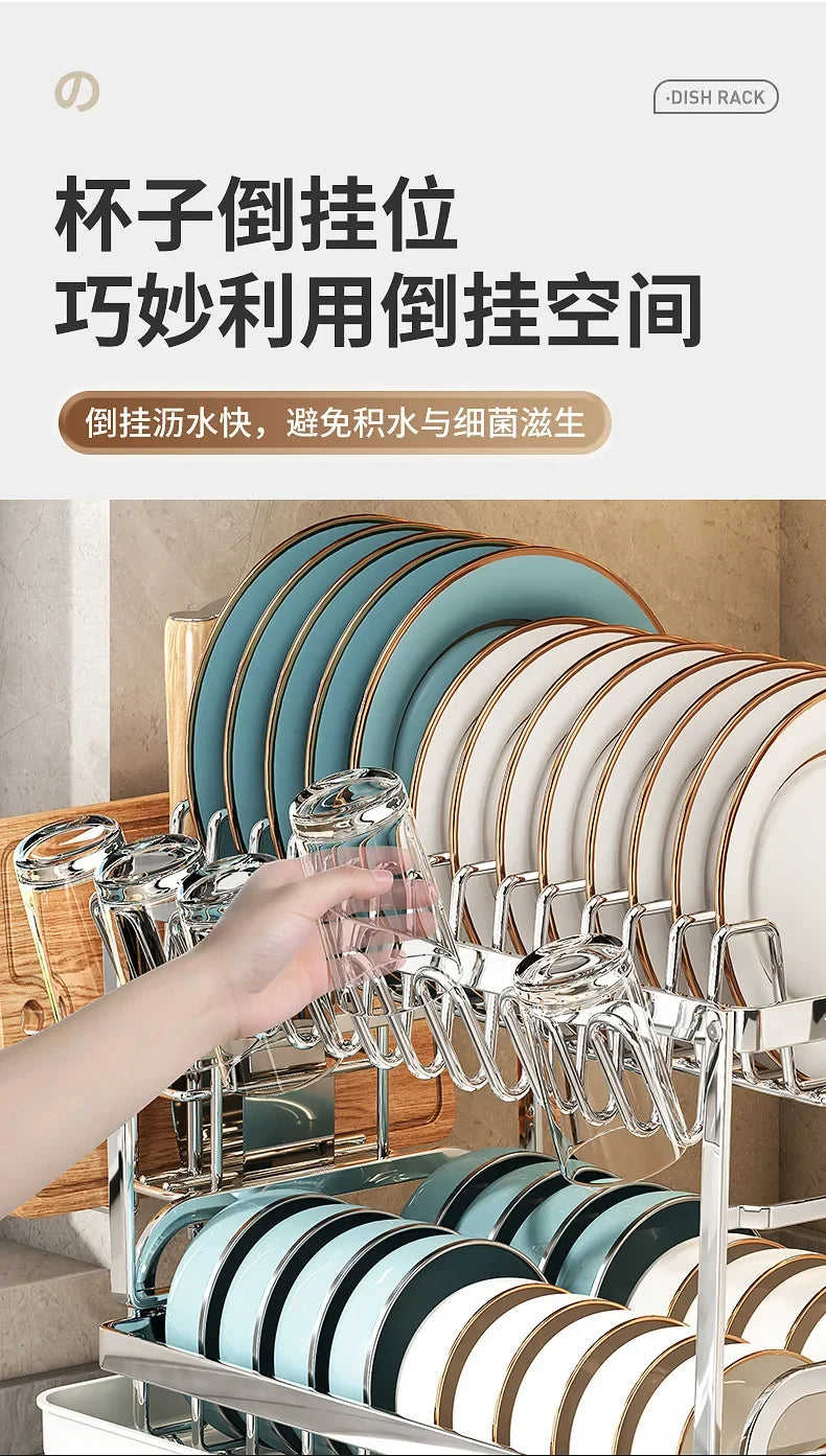 Kitchen Home Countertop Adjustable 2 Tier Stainless Steel Dish Drying Rack Plates Bowl Organizer Drainer Storage Rack Utensils