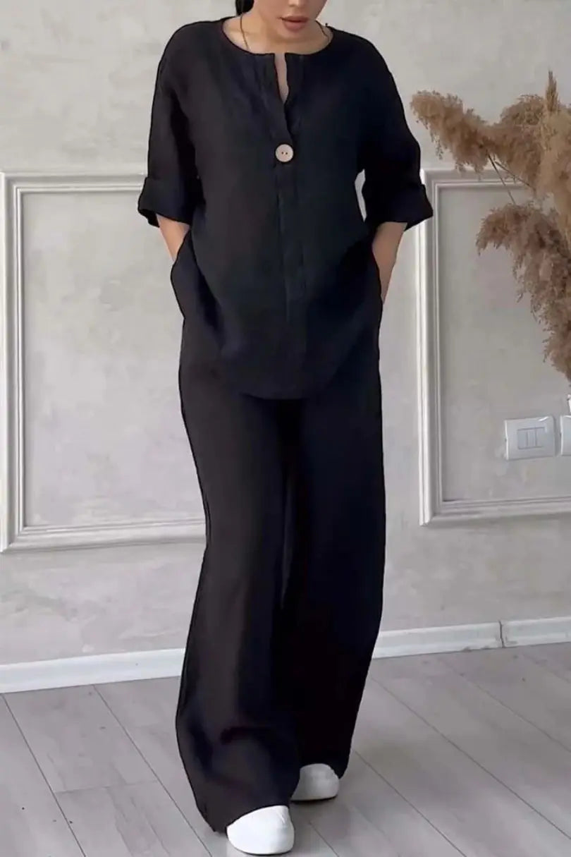 Comfortable Loose Cotton Linen Women's two pieces set Top Wide Leg Pants Casual  Fashion Set Suits Spring Summer Wear Outfits